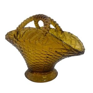 Vintage Westmoreland Glass Amber Basketweave 4" Basket with Touching Handles